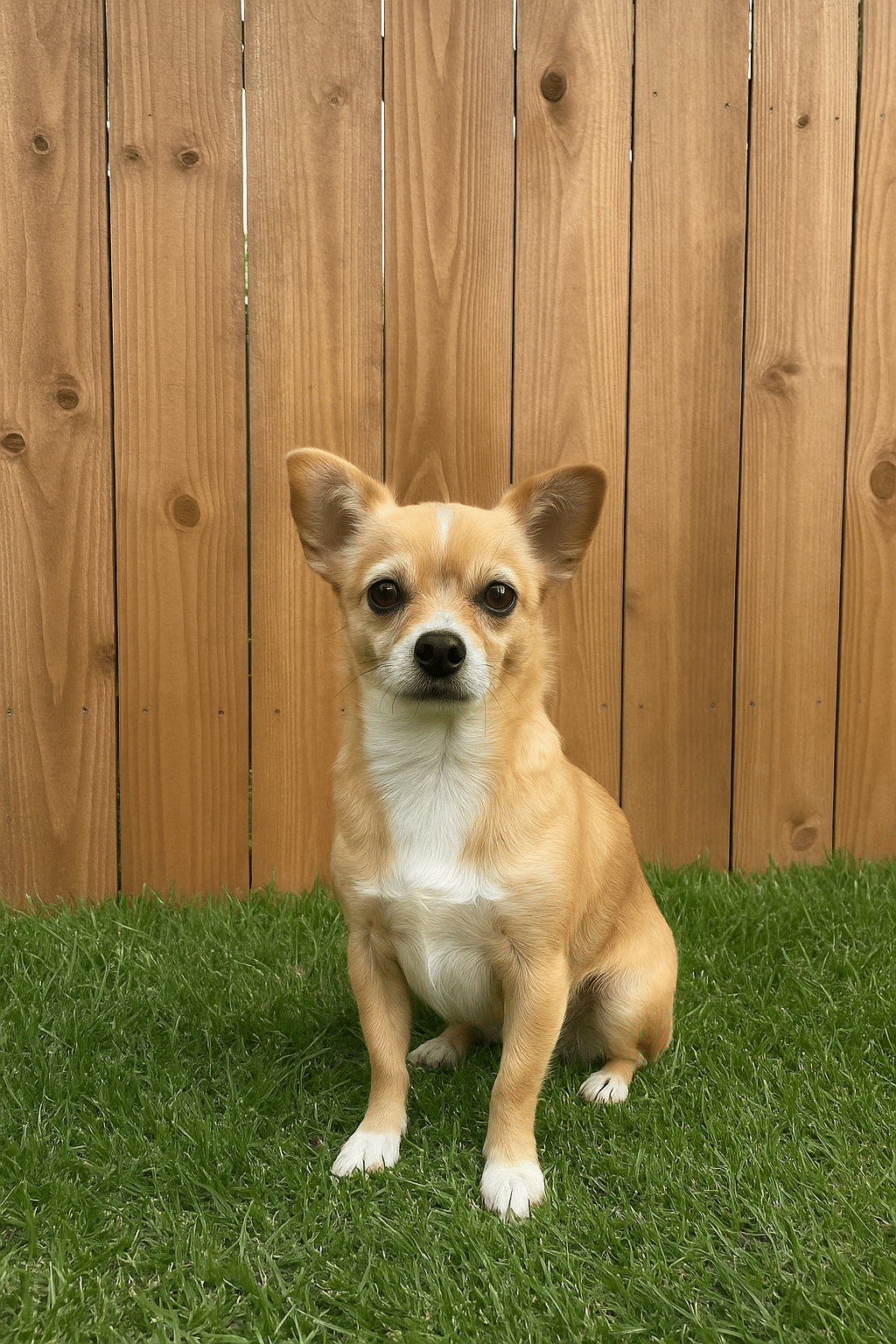 small dog in front of wood picket fence